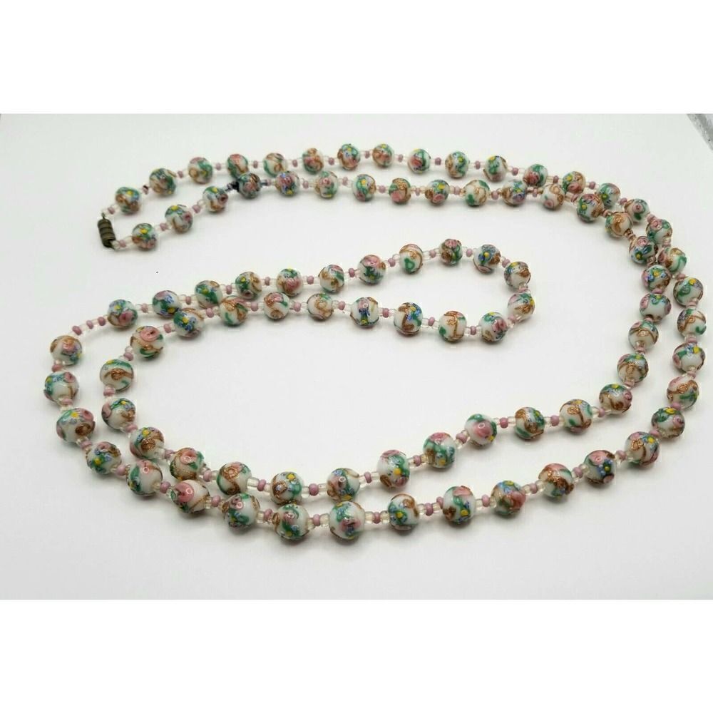 Beaded Single Strand Necklace Long Pink Green Multicolor With Flowers Women's